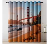 Blackout Curtains 46" Length, Buildings Bridges Beaches Patterned Thermal Summer Darkening Window Drapes With Eyelet Red 3 Panels Set for Living Room Bedroom Office Dining