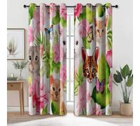Blackout Curtains 65 inch Long for Bedroom - Modern Cartoon Animals Flowers Thermal Insulated Eyelet Curtain, Green Opaque Curtains Drapes W 29.5" x L 65" Window Treatment