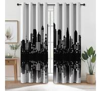 Blackout Curtains 65 inch Long for Bedroom - Modern Simple Urban Architecture Thermal Insulated Eyelet Curtain, White Black Opaque Curtains Drapes W 29.5" x L 65" Window Treatment