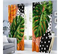 Blackout Curtains 90 Inch Length 2 Panels Set Polka Dots Monstera Leaves Printed Drapes Tropical Plants Thermal Curtains For Bedroom With Black Liner Sound Proof Window Drapes, Green-Orange
