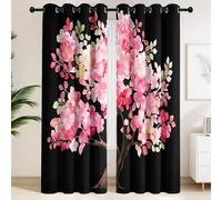 Blackout Curtains 90 x 190 CM - Thermal Curtains with Pink Cherry Blossom & Dark Branches, Japanese Style, Watercolour, Vivid, Set of 2 Extra Wide Drapes for Oriental Guest Room