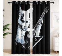 Blackout Curtains 90 x 190 CM - White Cat Playing Electric Guitar Punk Thermal Curtains, Adjustable & Breathable Music Studio Drapes,Punk, Rock n Roll, Edgy, Bold