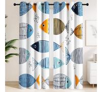 Blackout Curtains 90 x 200 CM - Blue & Orange Cartoon Fish, Animal Thermal Curtains, Adjustable & Breathable Children’s Room Drapes,Hand-drawn, Cartoon, Bold Lines