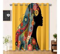Blackout Curtains Abstract Patterns Long-Haired Woman Pattern - Thermal Insulated Eyelet Drapes for Bedroom Living Room Lounge, Yellow Window Panels 66 × 72 Inch (Set of 2)