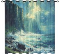 Blackout Curtains Bedroom W 66" x L 72" (2 Panels), Cliff Ocean Landscape Thermal Insulated Eyelet Top Curtain for Living Room, Light Green Short Drapes Window Home Decoration