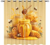 Blackout Curtains Bedroom W 66" x L 72" (2 Panels), Yellow Thermal Insulated Eyelet Top Curtain for Living Room, Bee Hive Theme Short Drapes Window Home Decoration