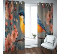 Blackout Curtains Blue Bird Pink Cherry Blossom for Living Room Watercolor Spring Flower Thermal Curtains for Bedroom Polyester Fabric 2 Panels (each W66xL90in)
