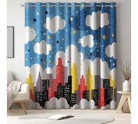 Blackout Curtains blue Window Drapes with Cartoon Landscape City Printed Thermal Insulated Window Curtain Panels Adjustable Thermal Insulated Noise Reducing Curtains of 90 x 108 Inch