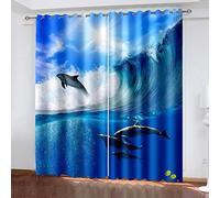 Blackout Curtains Drapes For Bedroom And Living Room - 2 Panels 71 Inch Drop, 3D Blue Ocean Animal Dolphin Hd Print Eyelet Thermal Insulated Window Treatments, Grommets Drapes For Home Decoratio