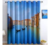 Blackout Curtains Eyelet Thermal Insulated Soft Curtains, Italian Venice Grand Canal Cityscape Ring Top Window Drapes for Bedroom Living Room 46 x 72 Inch Drop 2 Panels, Blue Window Treatments