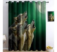 Blackout Curtains Fantasy Night Sky Wolf Howling Green Opaque Curtain, Print Eyelet Thermal Insulated Window Drapes for Living Room Children's Bedroom 36” W x 84” L 2 Panels