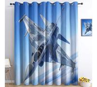 Blackout Curtains Fighter Jet Sky Blue Print 29.5 x 65 Inch (2 Panels) - Eyelet Thermal Insulated Kids Boys Bedroom Window Drapes Aircraft Plane Theme Decor