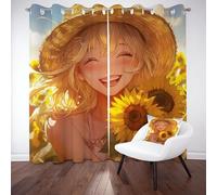 Blackout Curtains Flower Sunflower Thermal Curtains Anime Girl Black out Curtains for Bedroom Soundproof Thermal Rural Plants Eyelet Curtain for Kids Teens Room Curtain Set 2 Panels W 66" x L 72"