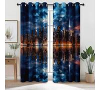 Blackout Curtains for Bedroom, Eyelet Curtains Room Darkening Adult Curtain, Modern City Reflections Decorative Patterned Window Treatments for Living Room W 46" x L 72" (2 Panels), Dark Blue