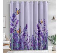 Blackout Curtains for Bedroom, Eyelet Curtains Room Darkening Curtain Thermal Insulated, Watercolor Lavender And Butterfly Patterned Window Treatments for Living Room W 46" x L 54" (2 Panels), Purple