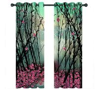 Blackout Curtains For Bedroom Living Room 3D Printed Green And Pink Forest With Fallen Leaves Pattern 200X160Cm 2 Panels Super Soft Thermal Insulated Noise Reducing Eyelet Curtains Kitchen Nursery