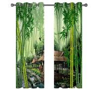 Blackout Curtains For Bedroom Living Room Home Decoration Eyelet Window Treatments 3D Green Bamboo Forest Landscape Pattern, Super Soft Thermal Insulated Kids Nursery Ring Top Curtains 200X214Cm 2