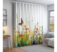 Blackout Curtains for Bedroom Living Room, Watercolor Wildflowers Grass Butterflies Patterned Eyelet Curtains - W 66" x L 90" (2 Panels) Thermal Insulated Drapes Windows Drapes for Home Decor