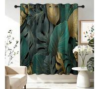 Blackout Curtains for Bedroom - Luxury Tropical Foliage 3D Plants Theme Grommet Curtains Thermal 2 Panels Drapes, Noise Reduce Curtains for Adults Playroom Decorations W 46" x L 54", Dark Green Golden