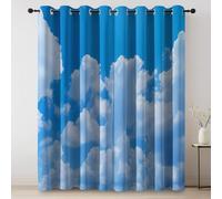 Blackout Curtains for Bedroom, Modern Close-Up Blue Sky White Clouds Printed design Thermal Insulated Curtain, Blue White Pencil Pleat Curtains for Living Room with Black Liner 2 Panels, 30 × 65 Inch