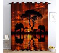 Blackout Curtains for Bedroom Sunset Grassland Elephant Theme Grommet Curtains Thermal 2 Panels Drapes Super Soft Noise Reduce Curtains for Kids Playroom Decorations, African Landscape 92 x 72 in
