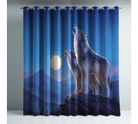 Blackout Curtains for Bedroom, Super Soft Drapey Texture Noise Reducing Thermal Insulated Eyelet Curtains & Drapes for Living Room, Blue Animal Howling Wolf 46 x 90 Inches 2 Panels