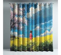 Blackout Curtains for Bedroom, Super Soft Drapey Texture Noise Reducing Thermal Insulated Eyelet Curtains & Drapes for Living Room, Blue Anime Flower Field Little Girl 52 x 54 Inches 2 Panels