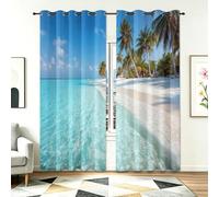 Blackout Curtains for Bedroom W 46" x L 90" 2 Panels - Multicoloured Thermal Insulated Eyelet Curtains for Living Room, Casual Holiday Island Sandy Beach Plant Palm Tree Machine Washable Window Drapes