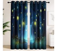Blackout Curtains for Children Room, Dark Forest Fireflies Lantern Waterfall, Navy Blue, Anime, Soft Microfiber Eyelet Curtain Thermal Insulated Drapes for Living Room Bedroom, W90 x H108 in 2 Panels