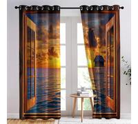 Blackout Curtains for Living Room and Bedroom, Beautiful Sea Sunset Outside The Wooden Window Thermal Insulated Noise Reduction Eyelet Drapes for Home Decor, 46 x 72 Inch, Orange Color, 2 Panels