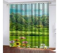 Blackout Curtains For Living Room Bedroom Nursery Decoration, Super Soft Thermal Insulated Eyelet Curtains Window Treatments 3D Printed Green Grass Mountain Landscape Pattern 140X160Cm 2 Panels