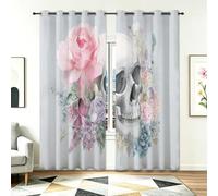 Blackout Curtains for Living Room Bedroom W 46" x L 72", Grey Eyelet Curtain Gothic Romantic Skull Floral Roses Thermal Insulated Noise Reducing Window Drapes for Boys and Girls