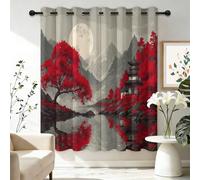 Blackout Curtains for Living Room Bedroom W 52" x L 63", Reddish-Grey Eyelet Curtain Oriental Landscapes Plant Trees Moon Thermal Insulated Noise Reducing Window Drapes for Boys and Girls