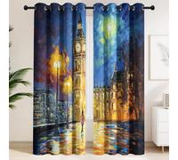 Blackout Curtains for Study Master Bedroom - Thermal Insulated Window Drapes, Privacy Noise Reducing Oil Painting Impressionist Big Ben Starry Night Home Decor, Dreamy British Curtains W 66" x L 72"