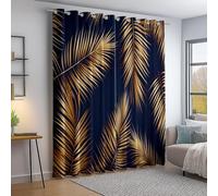 Blackout Curtains Gold Blue, Anti-fade Thermal Insulated Abstract Luxury Palm Leaves Printed Opaque Curtain, Eyelet Drapes for Bedroom Living Room and Kitchen W 46" x L 72" (2 Panels)