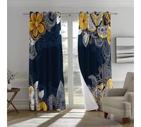 Blackout Curtains Hand Drawn Paisley Pattern Print, Yellow Navy Blue Indoor Eyelet Curtains for Window Décor, W 46" x L 54" (2 Panels) for Living Room Nursery Bedroom Soft Thermal