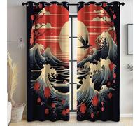 Blackout Curtains Japanese Style Birds Flowers Waves Thermal Insulated Window Curtain Black Red, Soft Energy Saving Sun Blocking Eyelet Drapes for Bedroom Living Room Nursery, W 55" x L 90" (2 Panels)