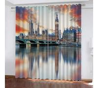 Blackout Curtains London 2 Panels 66" Wide x 72" Drop Room Darkening Polyester Fabric Eyelet Curtain 3D Big Ben Curtains Privacy Protect Window Drapes for Home Decoration(style 43-2)
