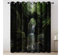 Blackout Curtains Mysterious Forest Waterfall - Dark Green Thermal Insulated Eyelet Curtains for Bedroom Living Room, Pencil Pleat Top Privacy Window Drapes W 66" x L 72" (2 Panels)