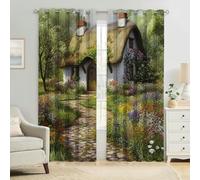 Blackout Curtains Natural style thatched house Thermal Insulated Eyelet Drapes, Energy Saving Room Darkening Panels for Living Room & Bedroom, Set of 2 W 46" x L 90"