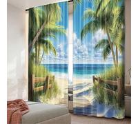 Blackout Curtains Ocean Palm Tree Curtain Beach Tropical Hawaii Coastal Summer Sandy Seaside Seascape Green Blue Landscape WxH/2x200x245cm