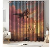 Blackout Curtains of 90 x 108 Inch - Thermal Curtains Adjustable Breathable - Romantic Landscape Airplane Toile with 2 Pieces Extra Wide for Bedroom and Living Room and Nursery Yellow