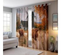 Blackout Curtains Pastoral Highland Cattle Windmill Thermal Insulated Energy Saving Eyelet Room Darkening Curtains for Bedroom W 46" x L 72" (2 Panels) Decorative Drapes Brown Orange