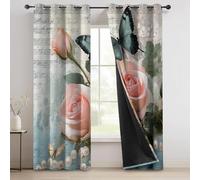 Blackout Curtains Pink Roses Butterflies Print, Retro Style Soft Window Drapes Room Darkening Thermal Insulation Curtains and Drapes with Grommets W 29.5" x L 65" (2 Panels) for Living Room Bedroom
