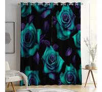 Blackout Curtains, Plants Thermal Insulated Curtains, Green And Purple Roses Printed Ring Top Curtains for Living room Bedroom, W 29.5" x L 65" (2 Panels)