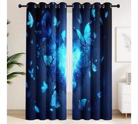 Blackout Curtains Radiant Glow Butterfly Heart Flower, Blue Anime, Microfiber Thermal Insulated Eyelet Window Drapes for Kids Girl Room Living Room Bedroom, 2 Panels W 90 x H 72 in