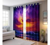 Blackout Curtains Thunder And Lightning Sea View Sunset Glow Thermal Insulated Energy Saving Eyelet Room Darkening Curtains for Bedroom W 46" x L 90" (2 Panels) Decorative Drapes Purple Orange