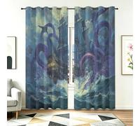 Blackout Curtains W 29.5" x L 65" (2 Panels), Epic Fantasy Giant Kraken Tentacles Print, Soft Thermal Drapes for Small Window, Boys Room Playroom, Mauve Grey & Deep Blue