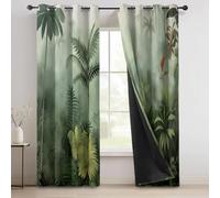 Blackout Curtains W 29.5" x L 65" (2 Panels), Green, Tropical Plant Pattern Print, Thermal Drapes for Small Window and Study