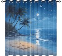 Blackout Curtains W 36" x L 84" 2 Panels Seaside Night Scene Soft Thermal Insulated Eyelet Curtains for Living Room Blue Polyester Anti-Fade Privacy Drapes for Girls, Boys Bedroom